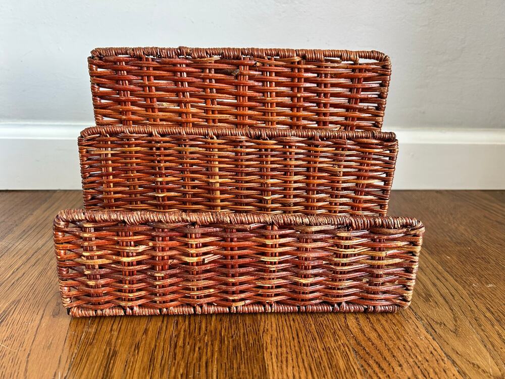 Vintage Woven Wicker Letter Rack | 3-Slot Rattan Mail & Magazine Organizer